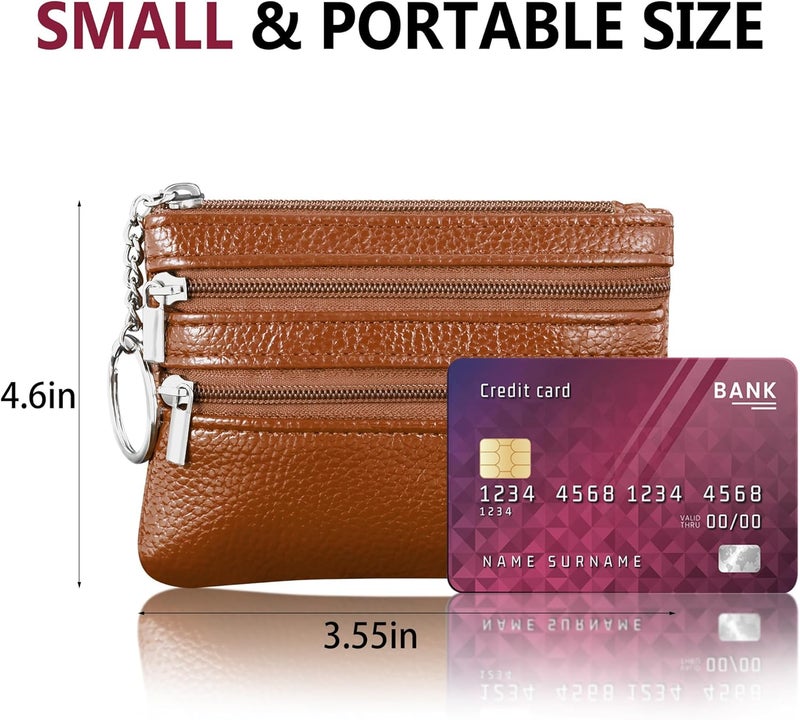 Chelmon 2 Pack Coin Purse Pouch Change Card Holder Wallet with Keychain for Women and Men (Brown & Brown) - Image 4